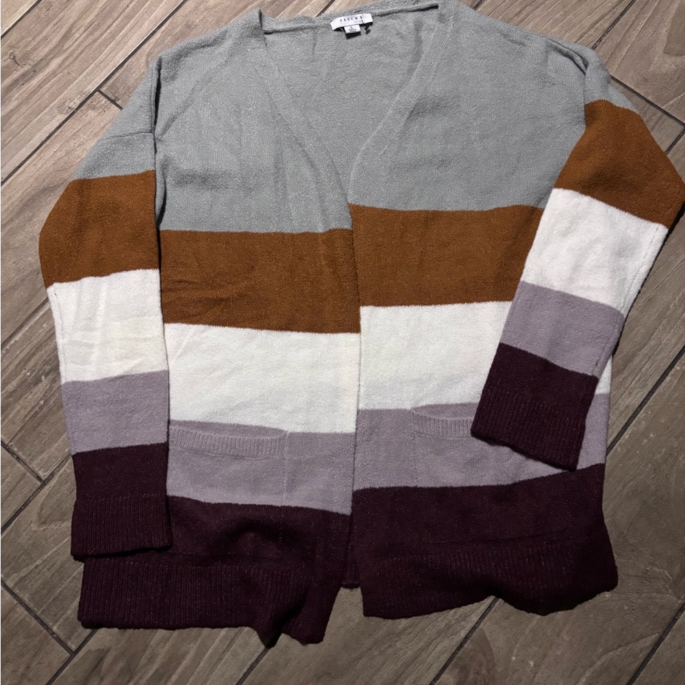 FAVLUX Colorblock Cardigan in Gray, Brown, Cream, and Purple